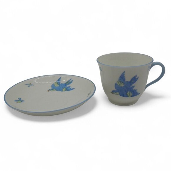 HEATHCOTE Williamsons Blue Bird Cup and Saucer Set 1930s England Vintage - Picture 3 of 12